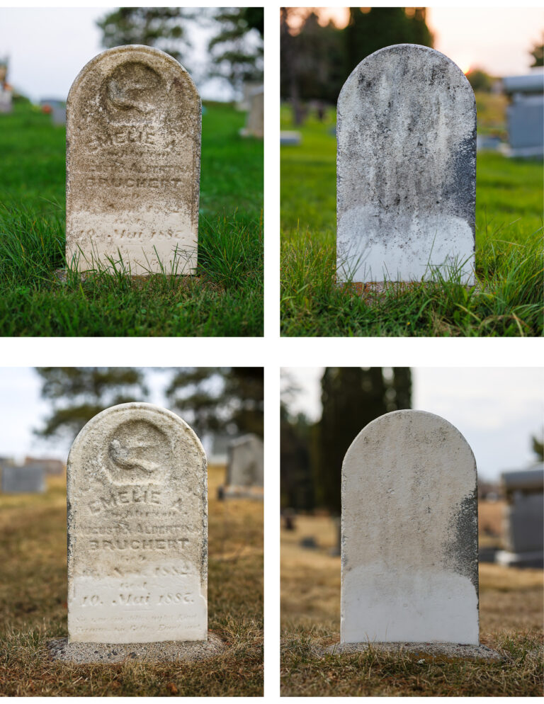 Before and after photos showing the cleaning of an 1882 headstone using D/2 Biological Solution. The "before" images show heavy staining and biological growth, while the "after" images show a significantly cleaner and brighter stone with inscriptions clearly visible.