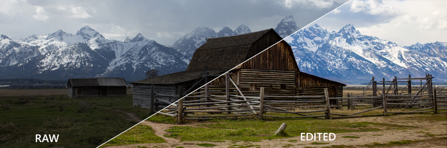 Before and after Lightroom photo editing comparison of the John Moulton barn showing RAW image versus professionally edited version.